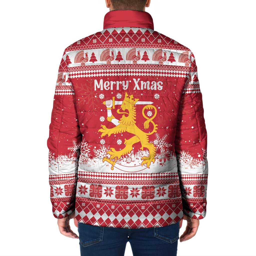 Finland Christmas Hannunvaakuna Padded Jacket Hyvaa Joulua Nordic Snow Lion Red Version - Wonder Print Shop