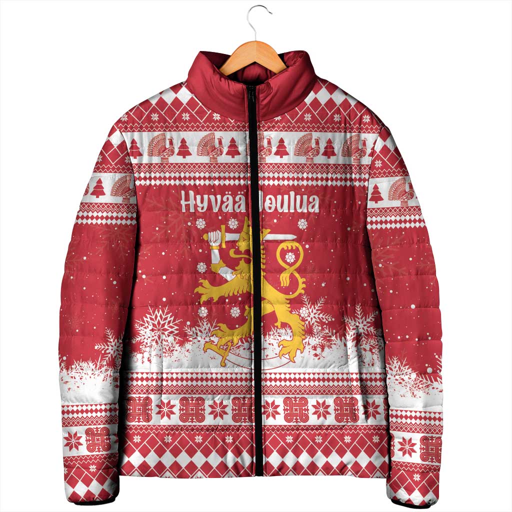 Finland Christmas Hannunvaakuna Padded Jacket Hyvaa Joulua Nordic Snow Lion Red Version - Wonder Print Shop