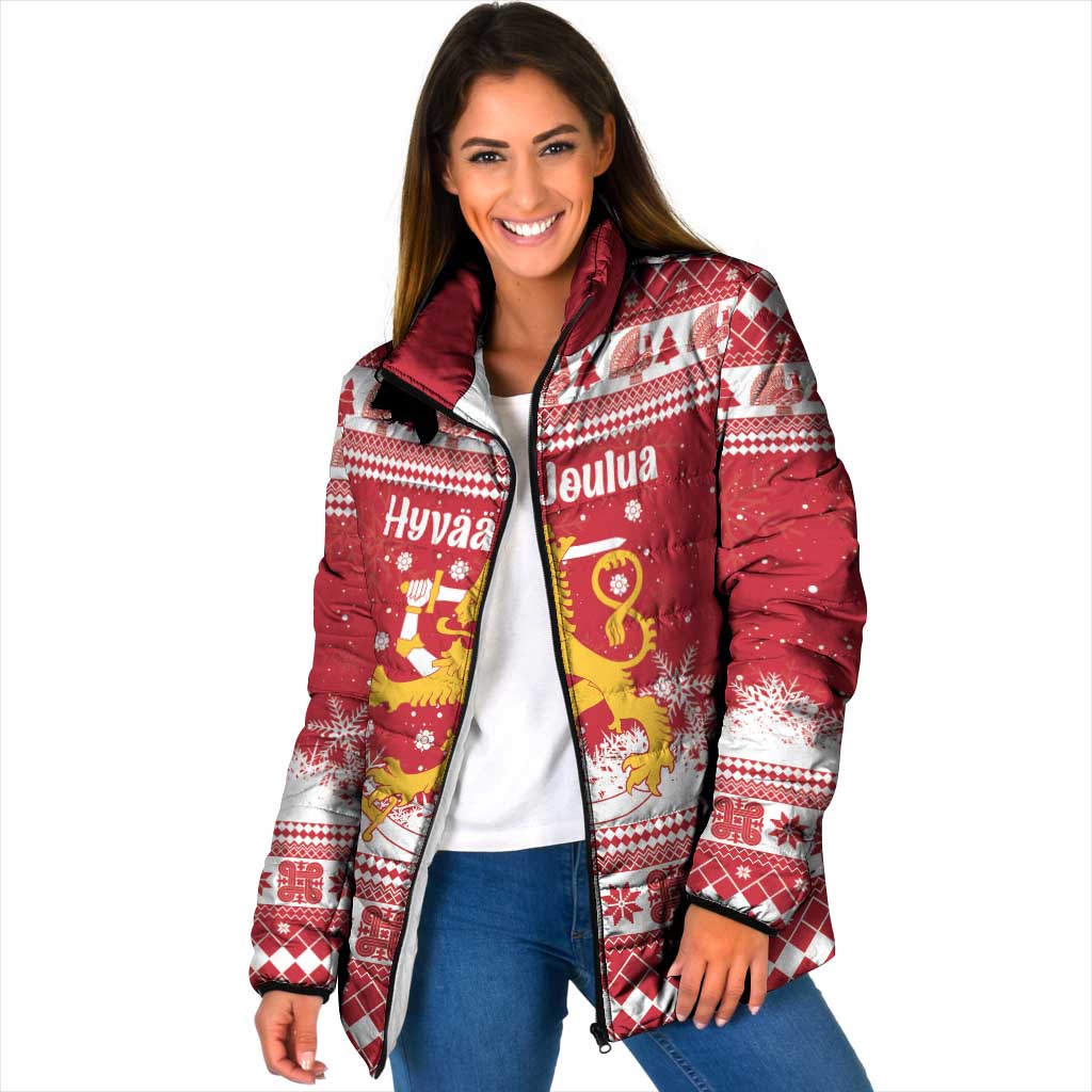 Finland Christmas Hannunvaakuna Padded Jacket Hyvaa Joulua Nordic Snow Lion Red Version - Wonder Print Shop