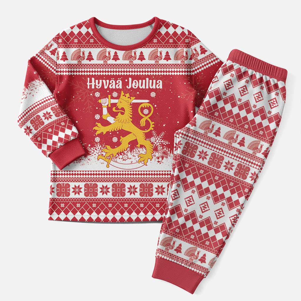 Finland Christmas Hannunvaakuna Christmas Pajama Set Hyvaa Joulua Nordic Snow Lion Red Version - Wonder Print Shop
