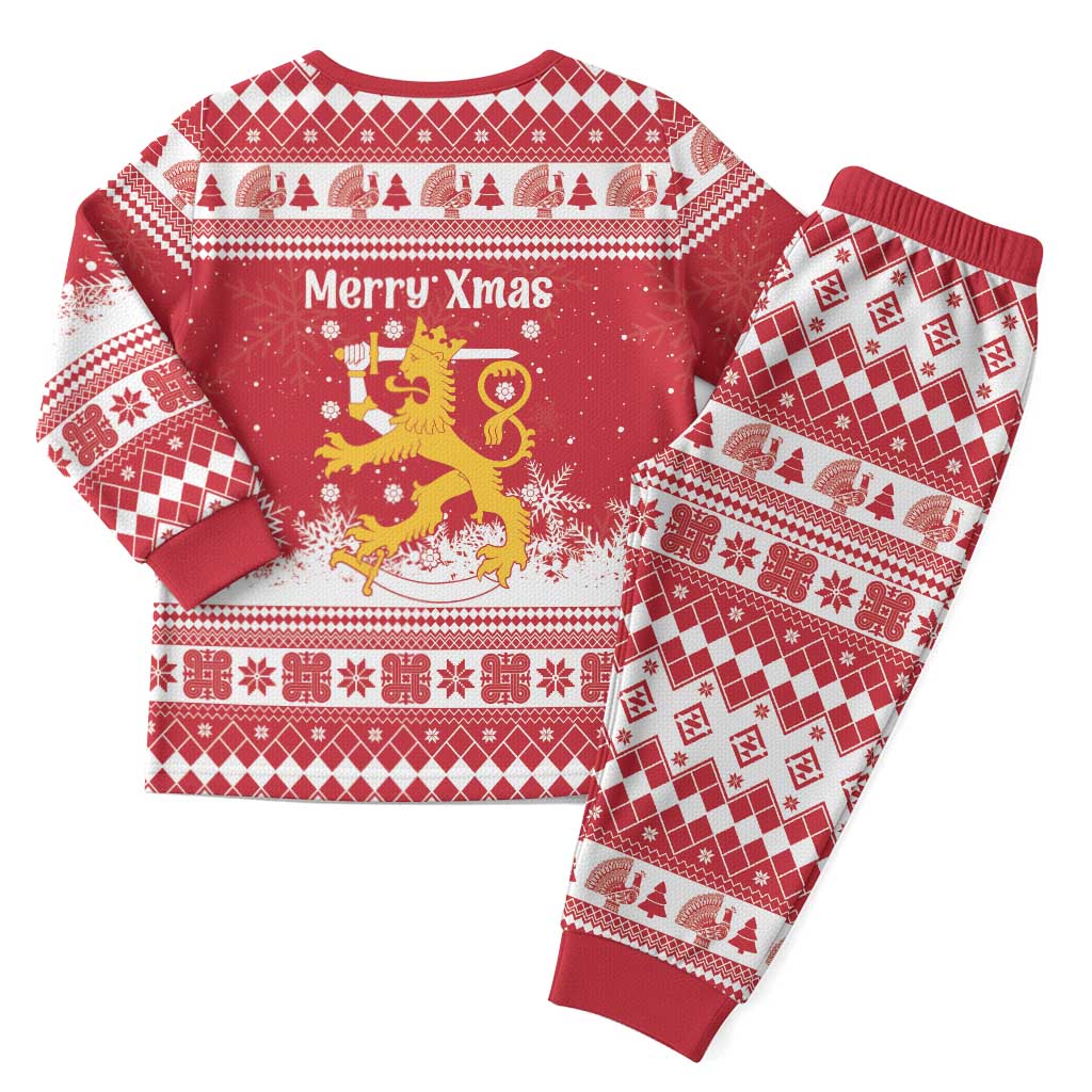 Finland Christmas Hannunvaakuna Christmas Pajama Set Hyvaa Joulua Nordic Snow Lion Red Version - Wonder Print Shop