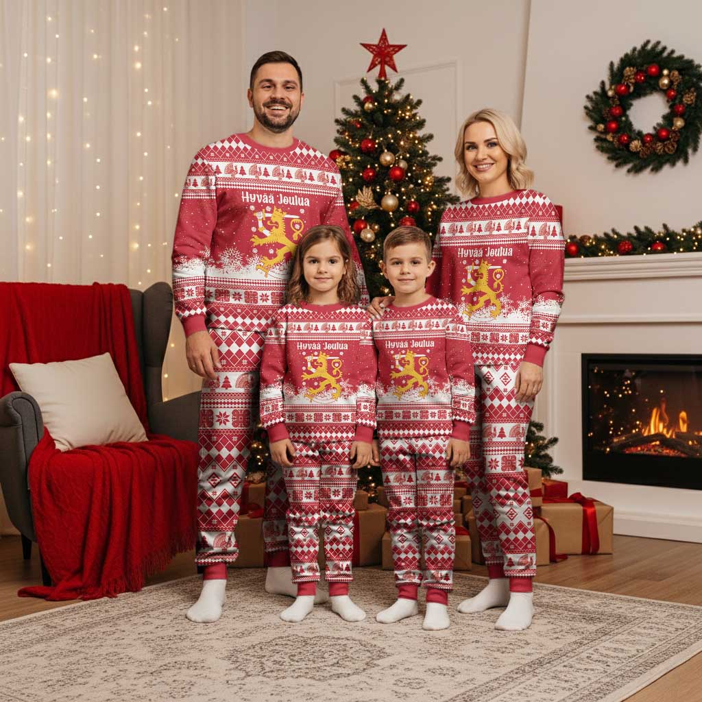 Finland Christmas Hannunvaakuna Christmas Pajama Set Hyvaa Joulua Nordic Snow Lion Red Version - Wonder Print Shop