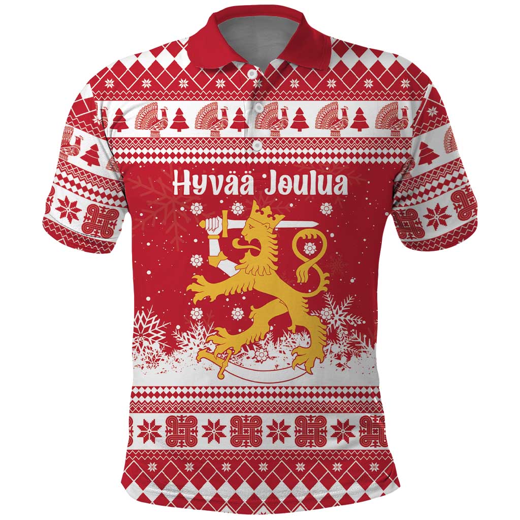 Finland Christmas Hannunvaakuna Polo Shirt Hyvaa Joulua Nordic Snow Lion Red Version - Wonder Print Shop
