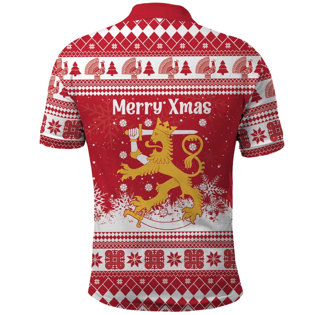 Finland Christmas Hannunvaakuna Polo Shirt Hyvaa Joulua Nordic Snow Lion Red Version - Wonder Print Shop