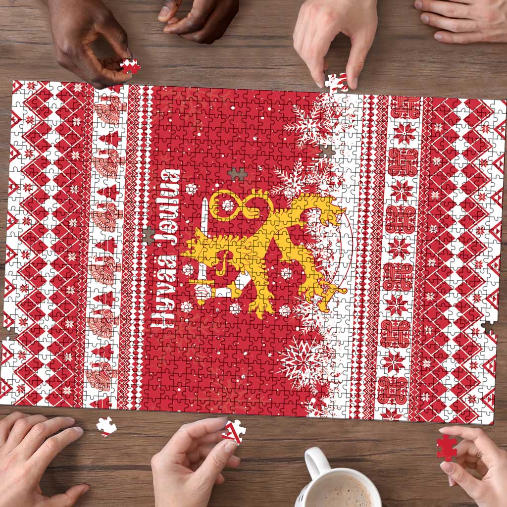 Finland Christmas Hannunvaakuna Puzzle Hyvaa Joulua Nordic Snow Lion Red Version - Wonder Print Shop