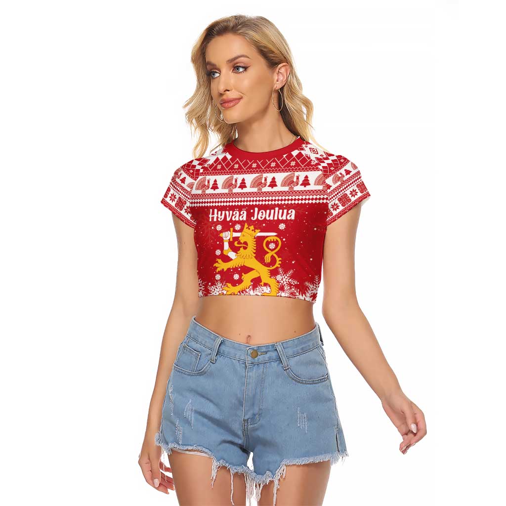 Finland Christmas Hannunvaakuna Raglan Cropped T Shirt Hyvaa Joulua Nordic Snow Lion Red Version - Wonder Print Shop