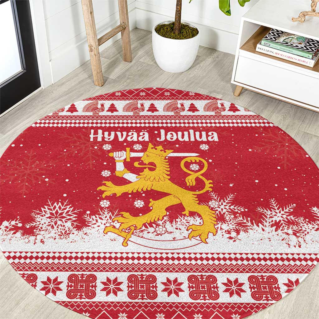Finland Christmas Hannunvaakuna Round Carpet Hyvaa Joulua Nordic Snow Lion Red Version - Wonder Print Shop