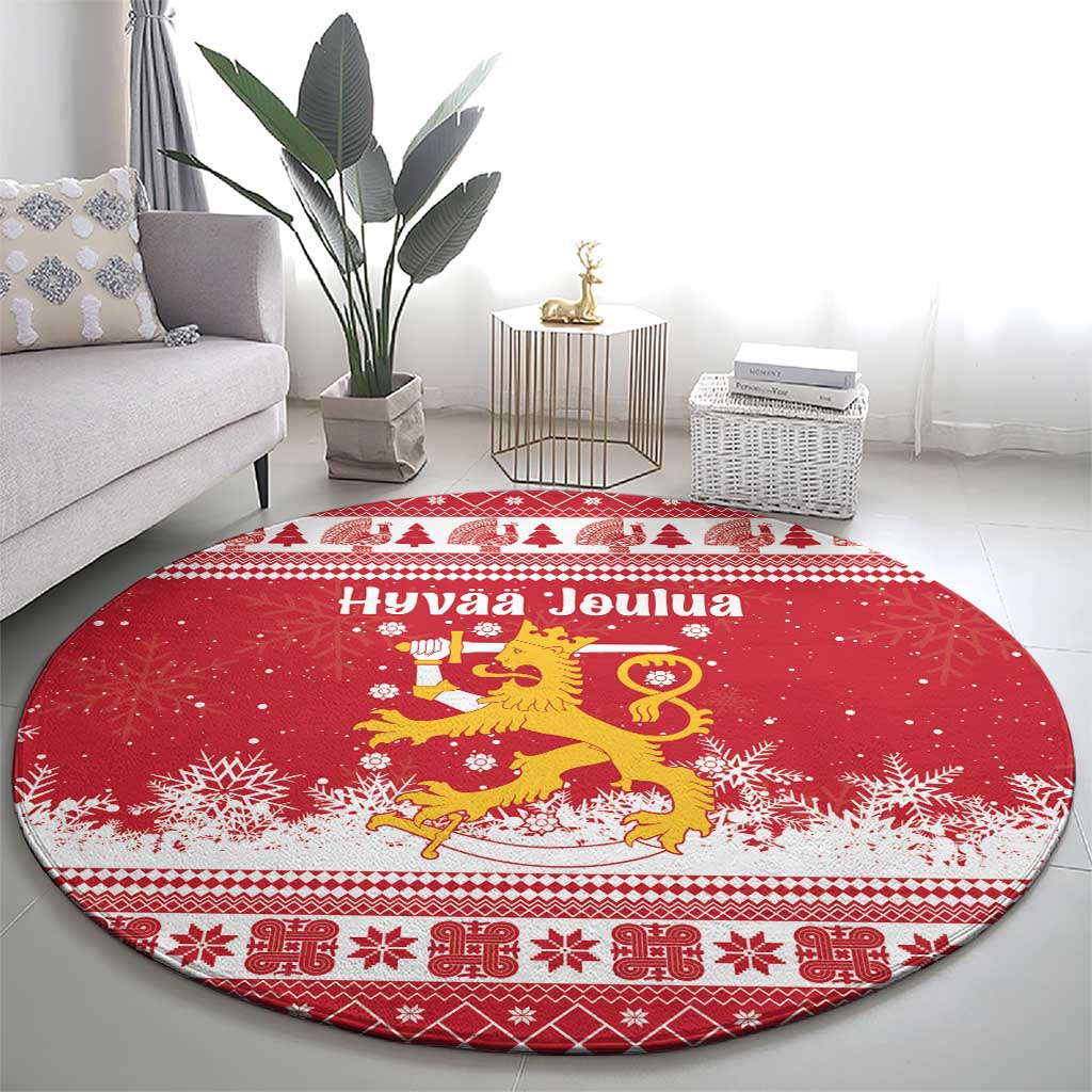 Finland Christmas Hannunvaakuna Round Carpet Hyvaa Joulua Nordic Snow Lion Red Version - Wonder Print Shop