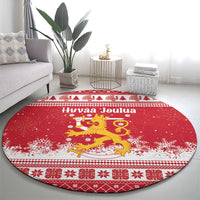 Finland Christmas Hannunvaakuna Round Carpet Hyvaa Joulua Nordic Snow Lion Red Version - Wonder Print Shop