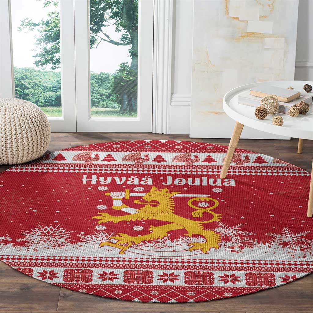 Finland Christmas Hannunvaakuna Round Carpet Hyvaa Joulua Nordic Snow Lion Red Version - Wonder Print Shop