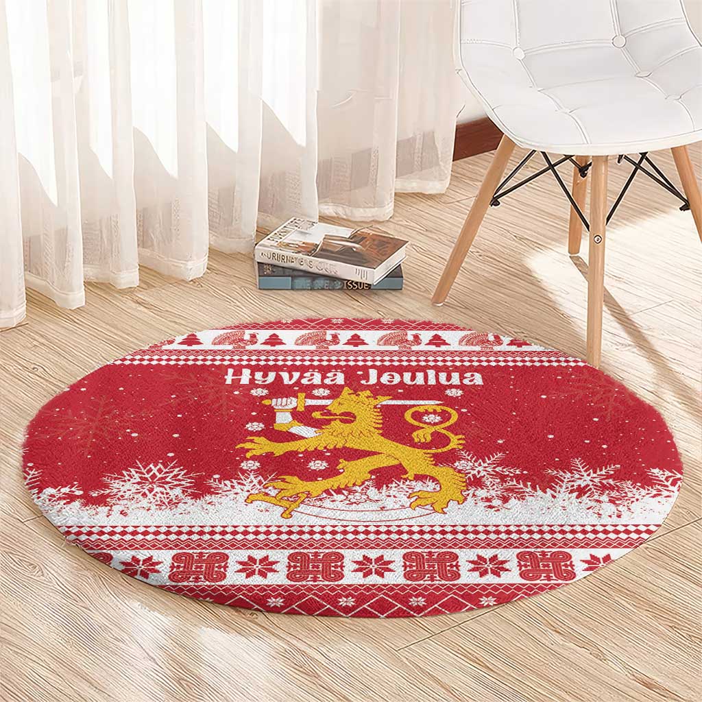 Finland Christmas Hannunvaakuna Round Carpet Hyvaa Joulua Nordic Snow Lion Red Version - Wonder Print Shop