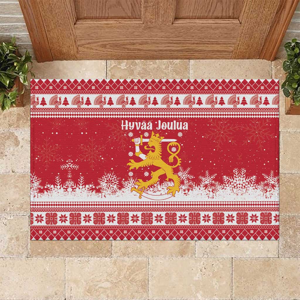 Finland Christmas Hannunvaakuna Rubber Doormat Hyvaa Joulua Nordic Snow Lion Red Version - Wonder Print Shop