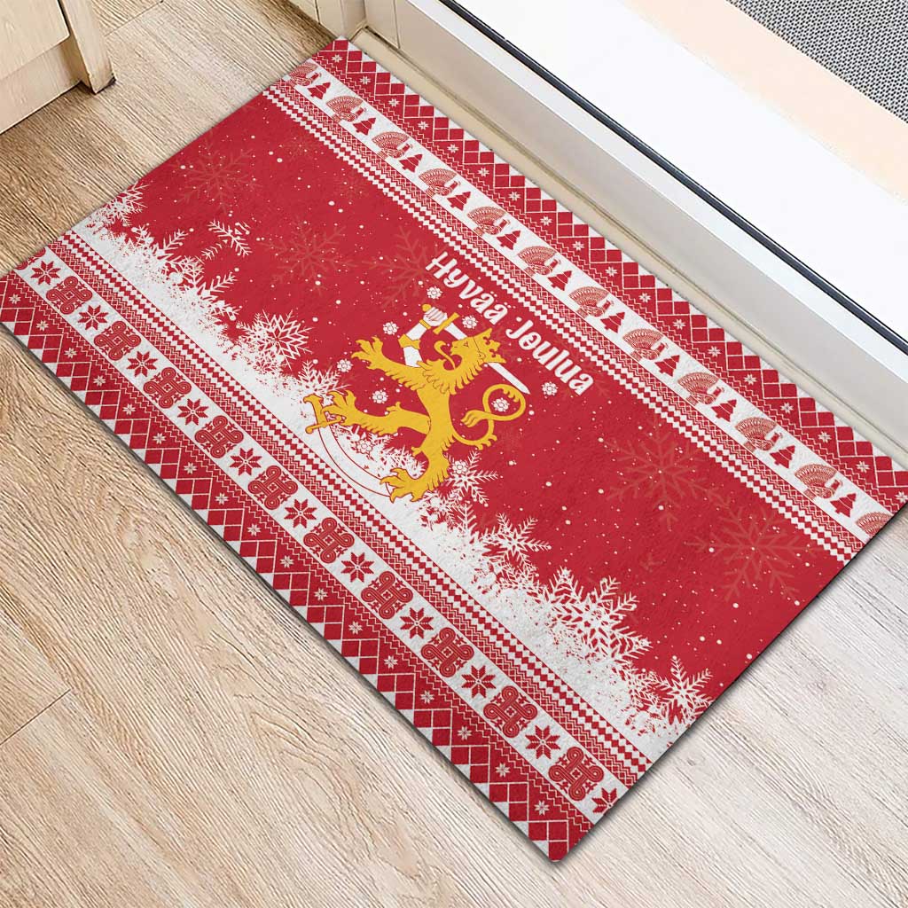 Finland Christmas Hannunvaakuna Rubber Doormat Hyvaa Joulua Nordic Snow Lion Red Version - Wonder Print Shop