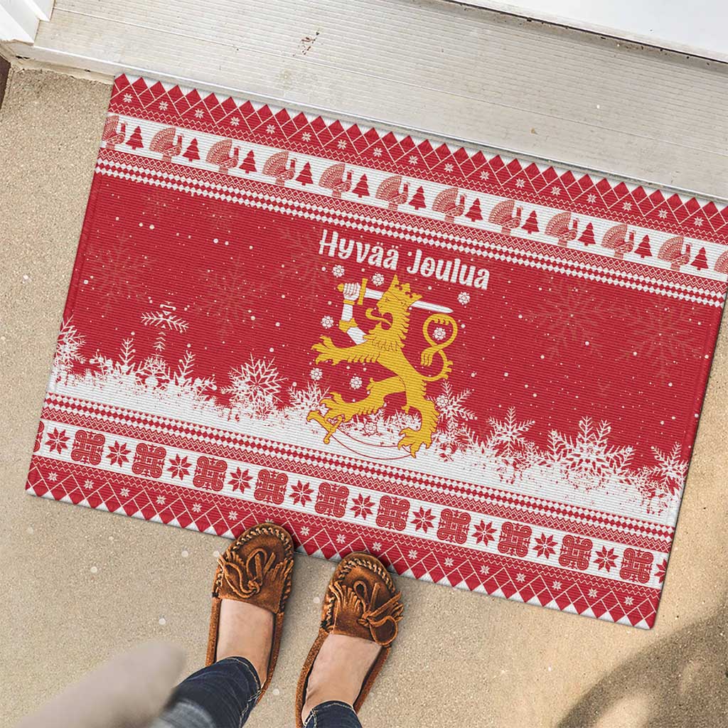 Finland Christmas Hannunvaakuna Rubber Doormat Hyvaa Joulua Nordic Snow Lion Red Version - Wonder Print Shop