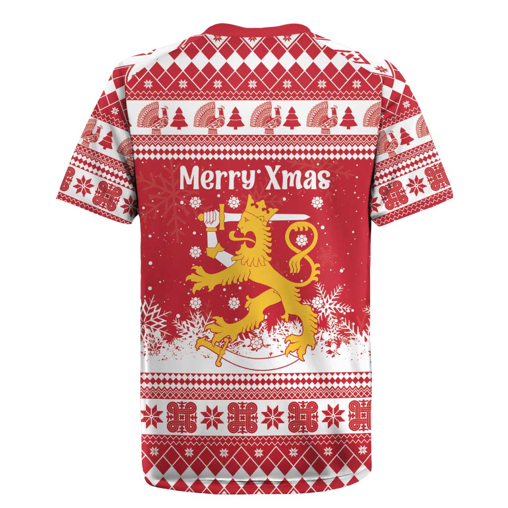 Finland Christmas Hannunvaakuna Rugby Jersey Hyvaa Joulua Nordic Snow Lion Red Version - Wonder Print Shop