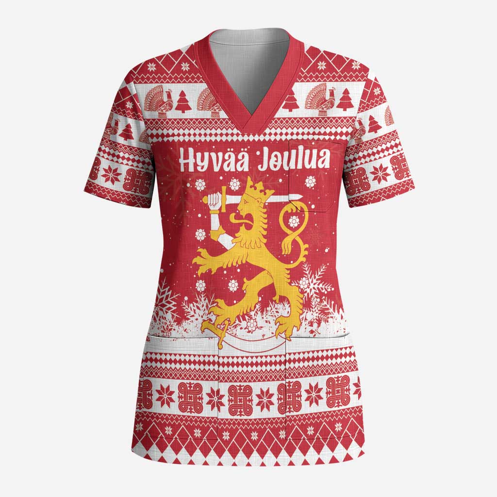 Finland Christmas Hannunvaakuna Scrub Top Hyvaa Joulua Nordic Snow Lion Red Version - Wonder Print Shop