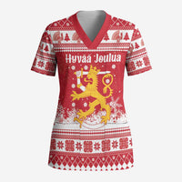 Finland Christmas Hannunvaakuna Scrub Top Hyvaa Joulua Nordic Snow Lion Red Version - Wonder Print Shop