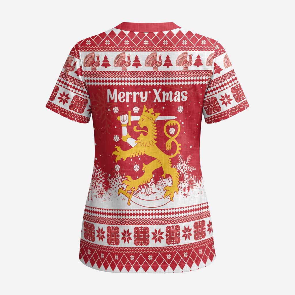 Finland Christmas Hannunvaakuna Scrub Top Hyvaa Joulua Nordic Snow Lion Red Version - Wonder Print Shop