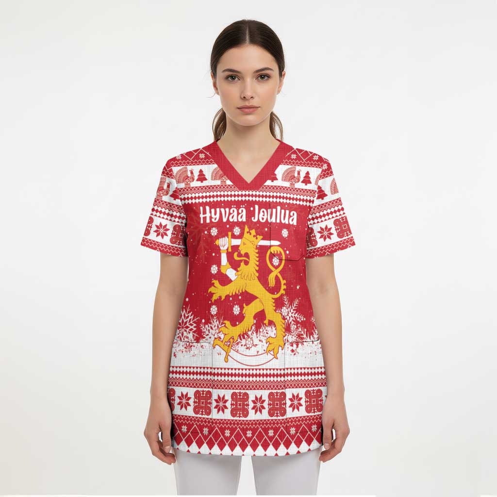 Finland Christmas Hannunvaakuna Scrub Top Hyvaa Joulua Nordic Snow Lion Red Version - Wonder Print Shop