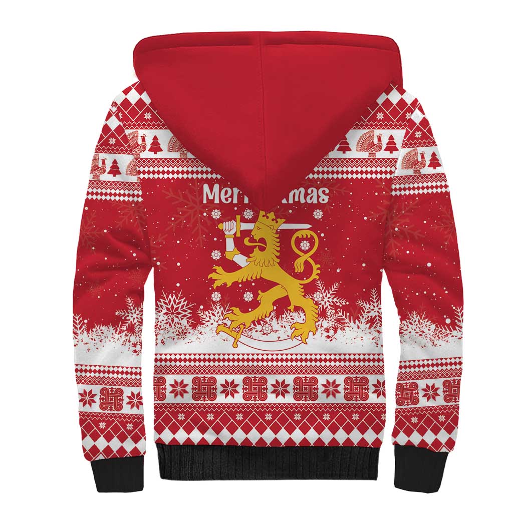 Finland Christmas Hannunvaakuna Sherpa Hoodie Hyvaa Joulua Nordic Snow Lion Red Version - Wonder Print Shop