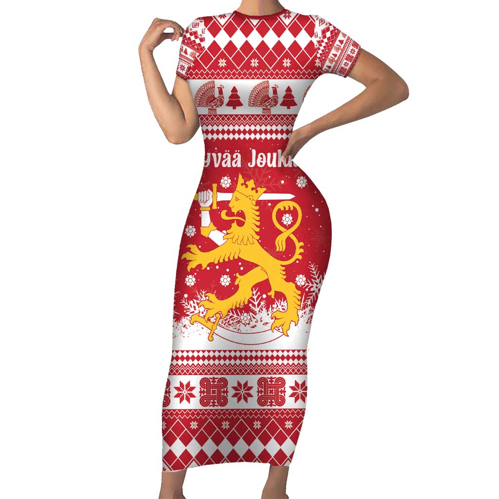 Finland Christmas Hannunvaakuna Short Sleeve Bodycon Dress Hyvaa Joulua Nordic Snow Lion Red Version - Wonder Print Shop