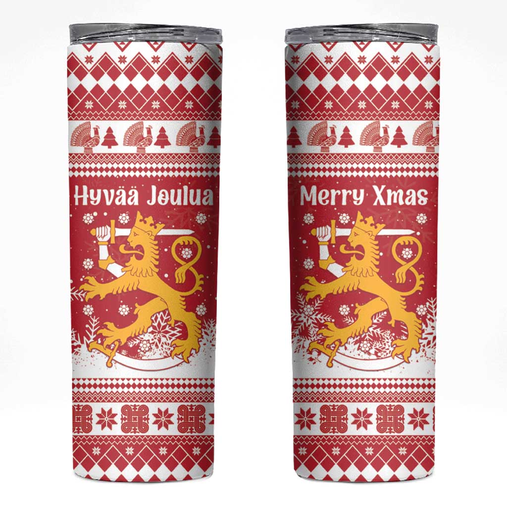 Finland Christmas Hannunvaakuna Skinny Tumbler Hyvaa Joulua Nordic Snow Lion Red Version - Wonder Print Shop