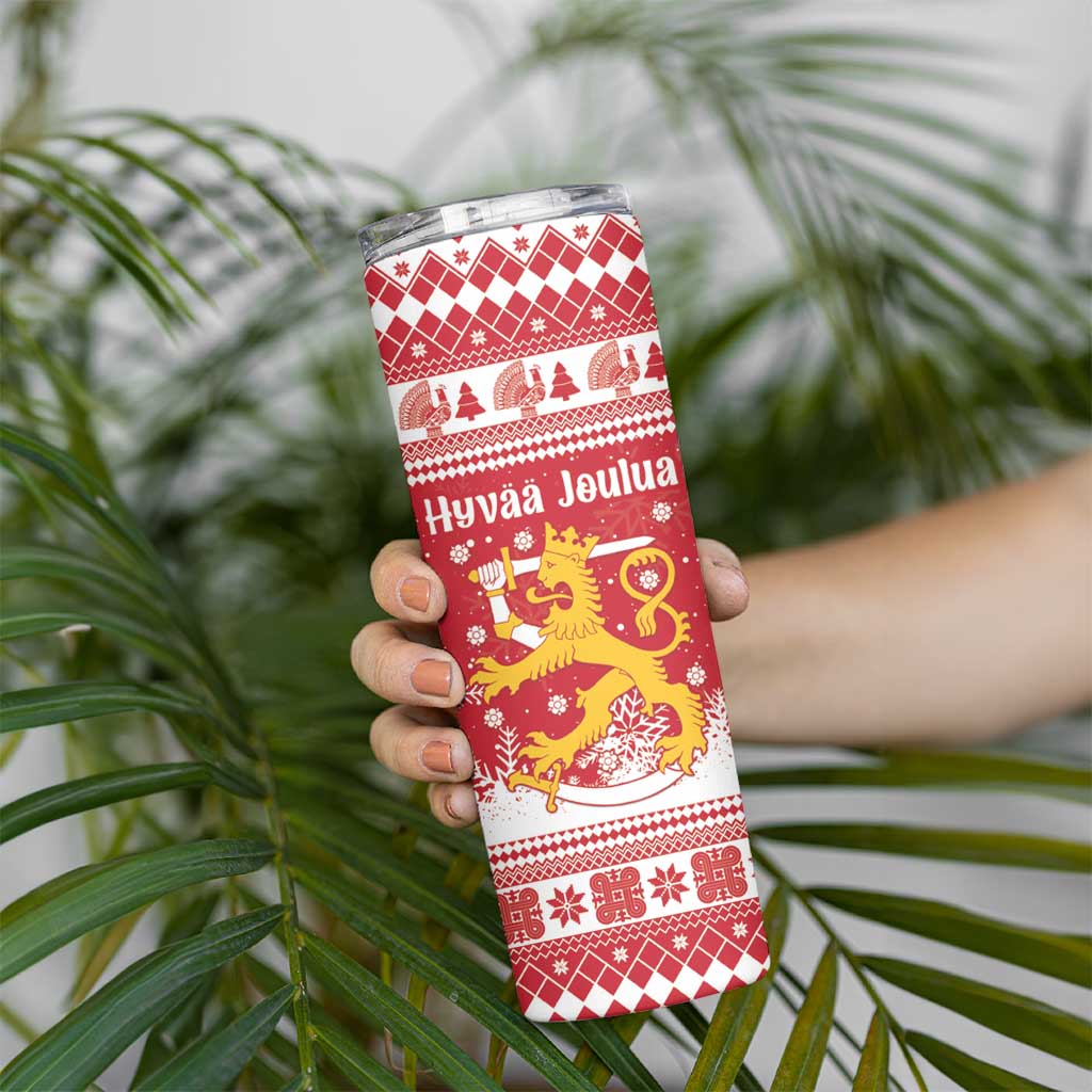 Finland Christmas Hannunvaakuna Skinny Tumbler Hyvaa Joulua Nordic Snow Lion Red Version - Wonder Print Shop