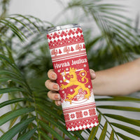 Finland Christmas Hannunvaakuna Skinny Tumbler Hyvaa Joulua Nordic Snow Lion Red Version - Wonder Print Shop