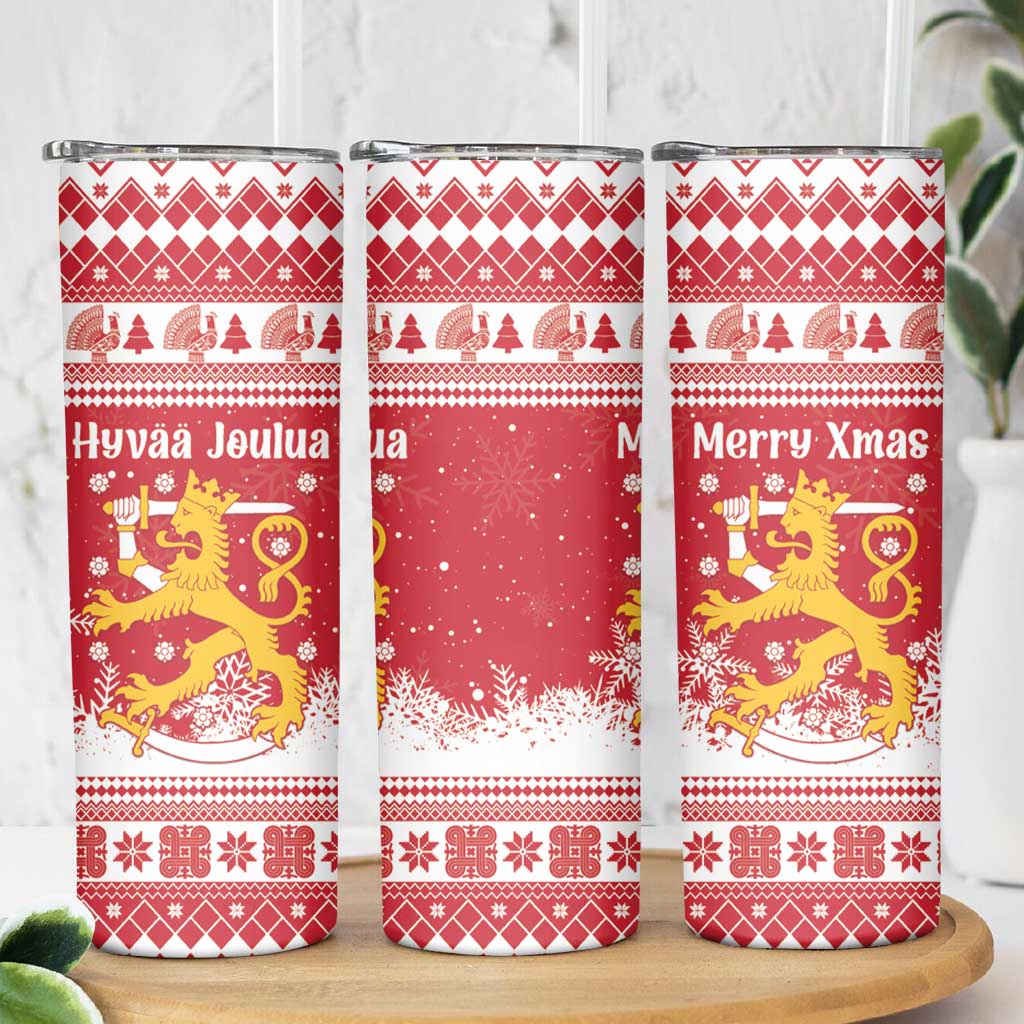 Finland Christmas Hannunvaakuna Skinny Tumbler Hyvaa Joulua Nordic Snow Lion Red Version - Wonder Print Shop