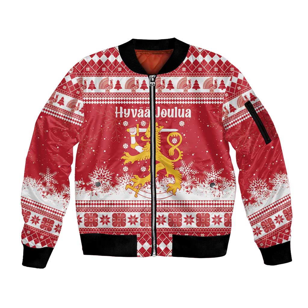 Finland Christmas Hannunvaakuna Sleeve Zip Bomber Jacket Hyvaa Joulua Nordic Snow Lion Red Version - Wonder Print Shop