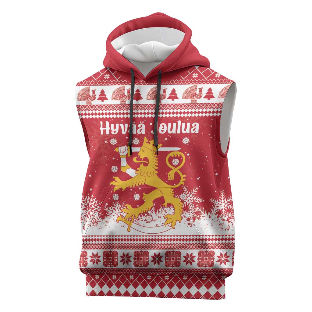 Finland Christmas Hannunvaakuna Sleeveless Hoodie Hyvaa Joulua Nordic Snow Lion Red Version - Wonder Print Shop