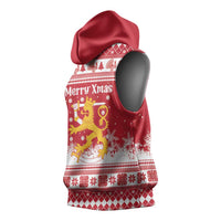 Finland Christmas Hannunvaakuna Sleeveless Hoodie Hyvaa Joulua Nordic Snow Lion Red Version - Wonder Print Shop