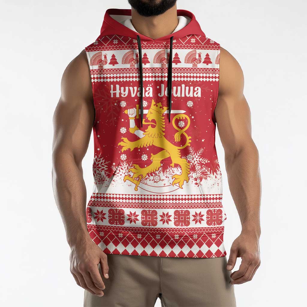 Finland Christmas Hannunvaakuna Sleeveless Hoodie Hyvaa Joulua Nordic Snow Lion Red Version - Wonder Print Shop