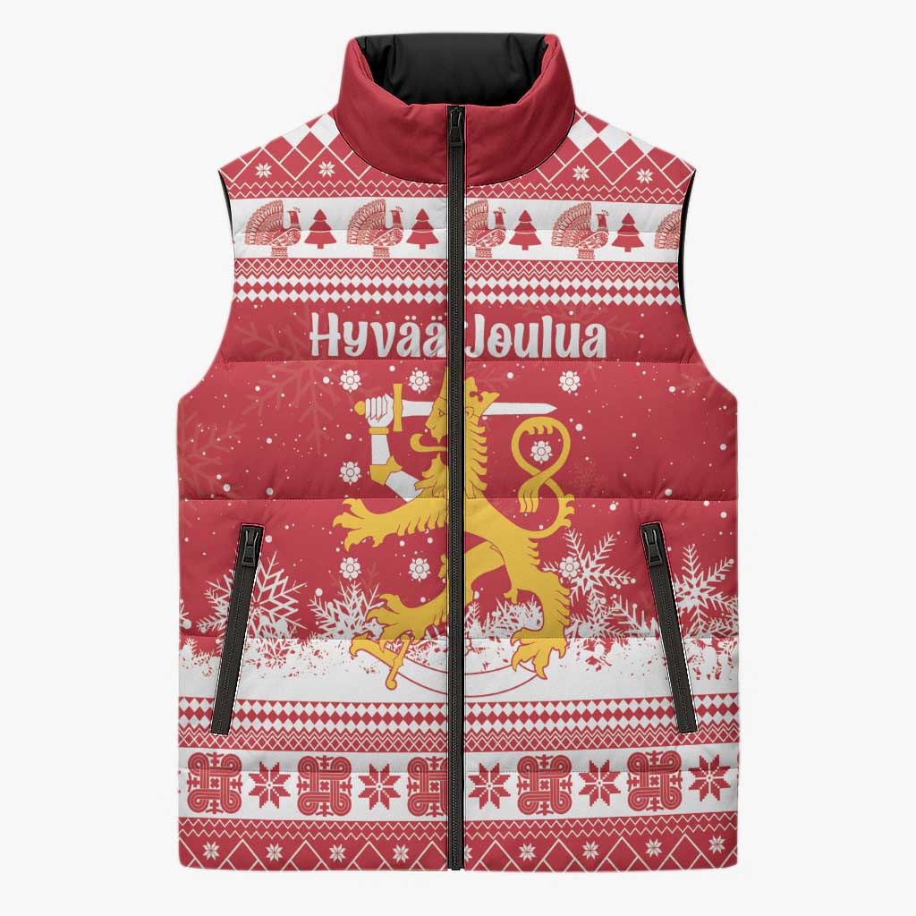 Finland Christmas Hannunvaakuna Sleeveless Puffer Jacket Hyvaa Joulua Nordic Snow Lion Red Version - Wonder Print Shop