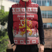 Finland Christmas Hannunvaakuna Sleeveless Puffer Jacket Hyvaa Joulua Nordic Snow Lion Red Version - Wonder Print Shop
