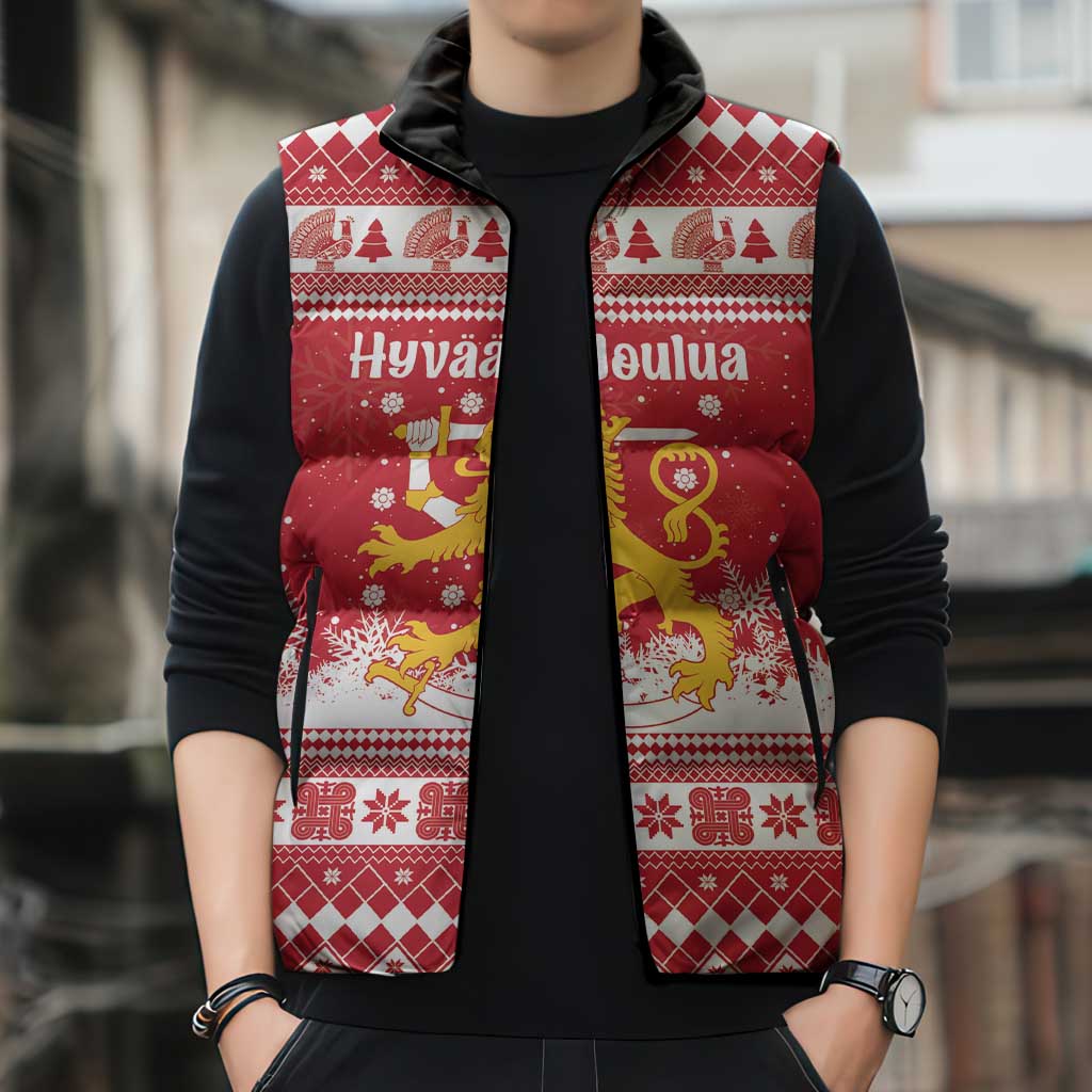 Finland Christmas Hannunvaakuna Sleeveless Puffer Jacket Hyvaa Joulua Nordic Snow Lion Red Version - Wonder Print Shop