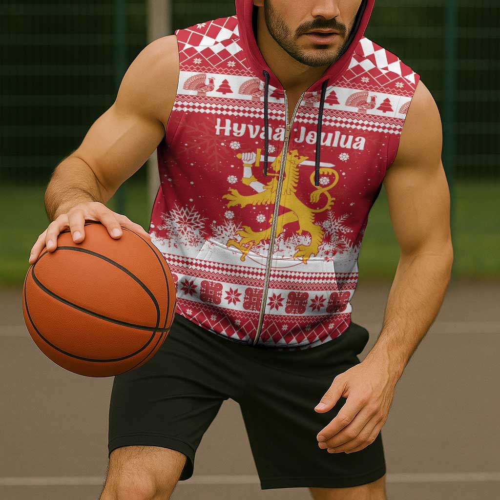 Finland Christmas Hannunvaakuna Sleeveless Zip Hoodie Hyvaa Joulua Nordic Snow Lion Red Version - Wonder Print Shop