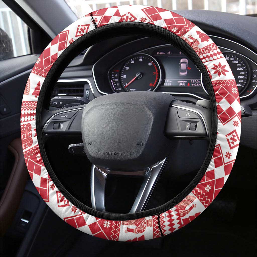 Finland Christmas Hannunvaakuna Steering Wheel Cover Hyvaa Joulua Nordic Snow Lion Red Version - Wonder Print Shop