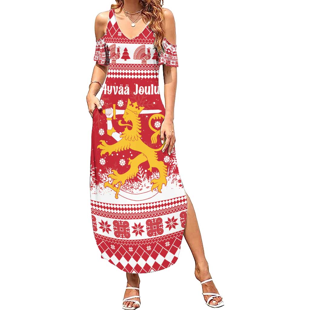 Finland Christmas Hannunvaakuna Summer Maxi Dress Hyvaa Joulua Nordic Snow Lion Red Version - Wonder Print Shop