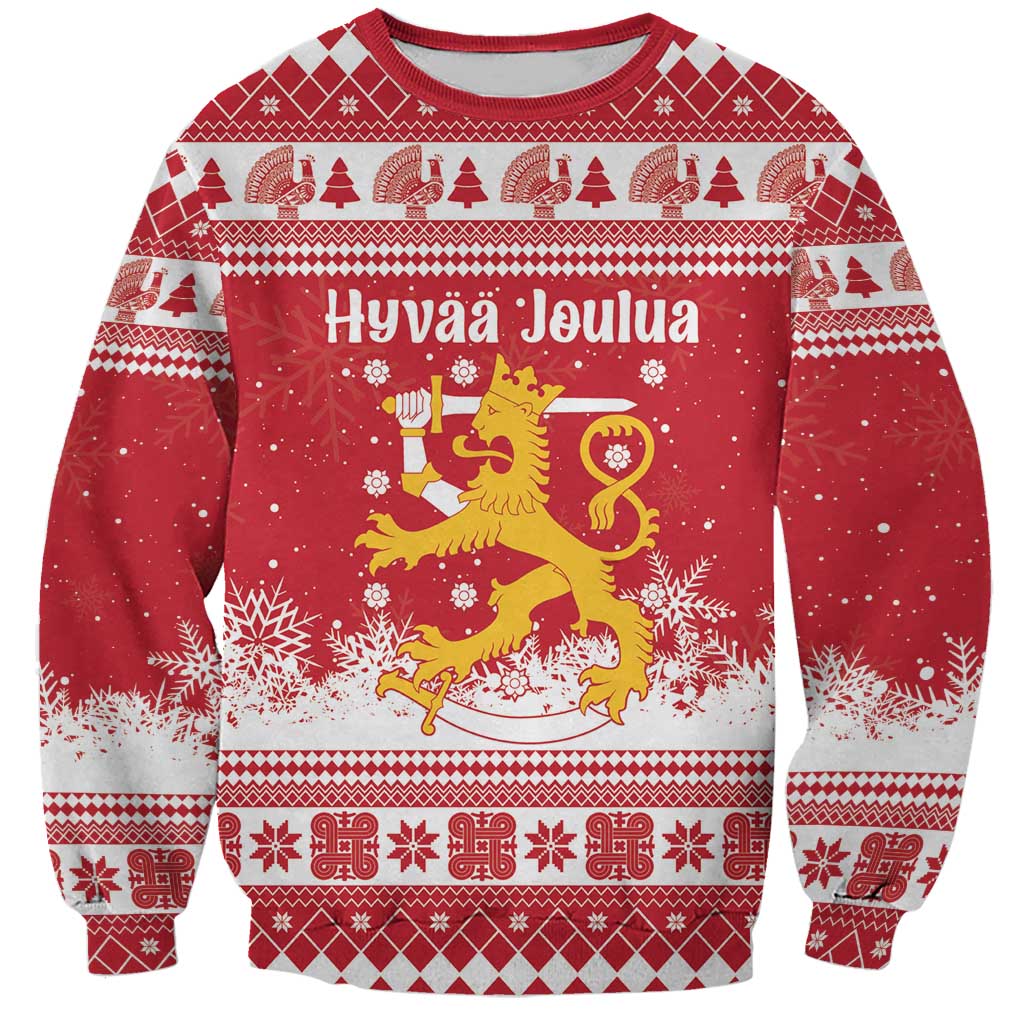 Finland Christmas Hannunvaakuna Sweatshirt Hyvaa Joulua Nordic Snow Lion Red Version - Wonder Print Shop