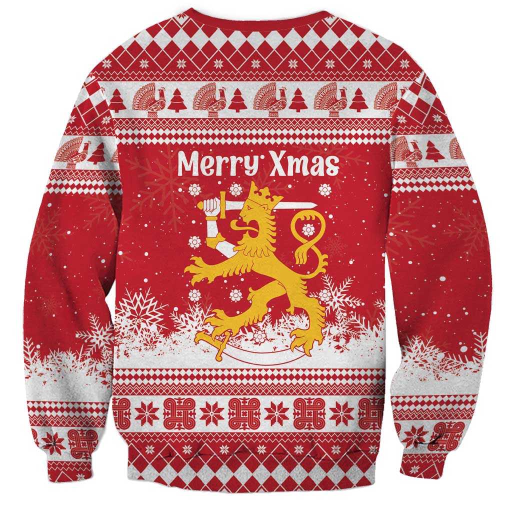 Finland Christmas Hannunvaakuna Sweatshirt Hyvaa Joulua Nordic Snow Lion Red Version - Wonder Print Shop