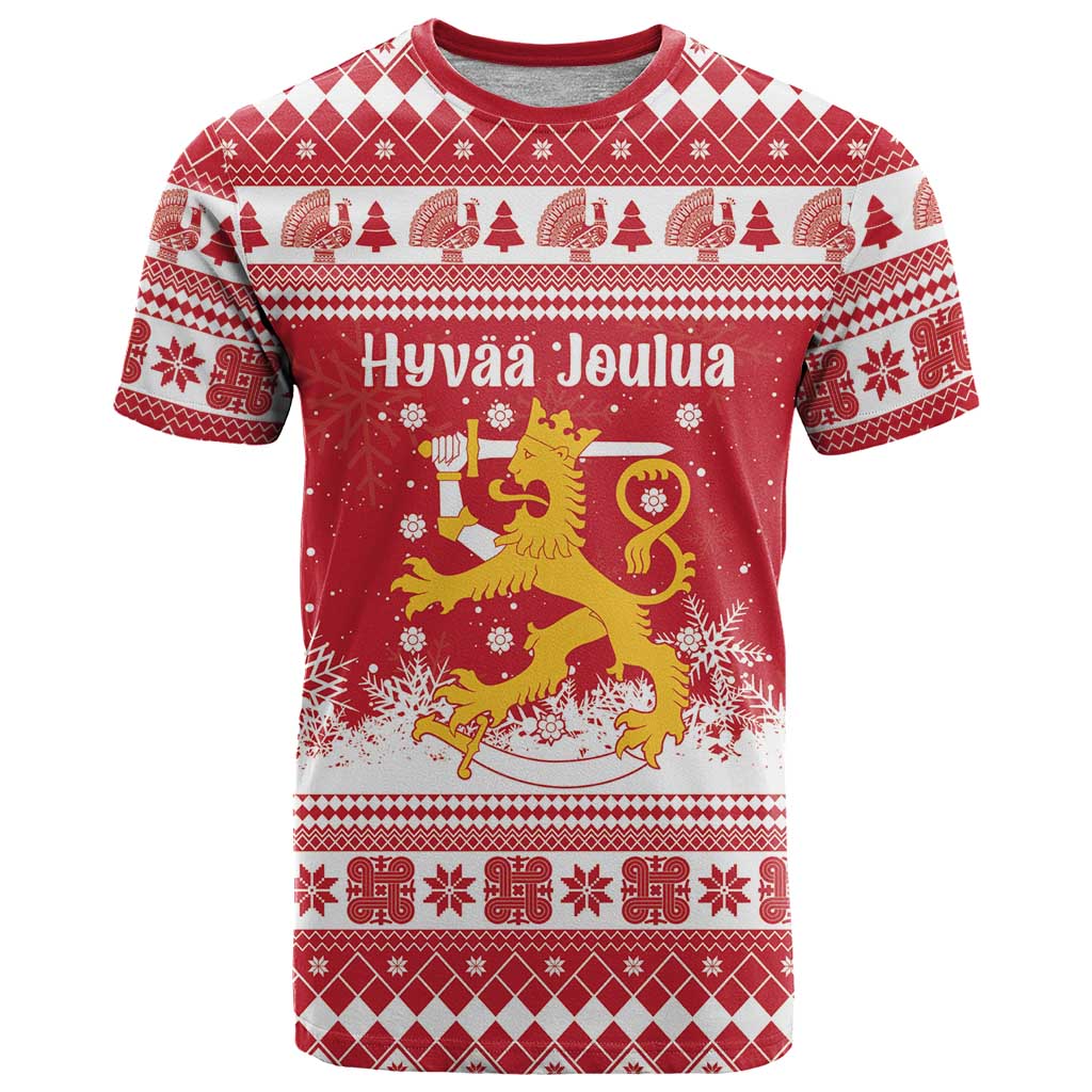 Finland Christmas Hannunvaakuna T Shirt Hyvaa Joulua Nordic Snow Lion Red Version - Wonder Print Shop