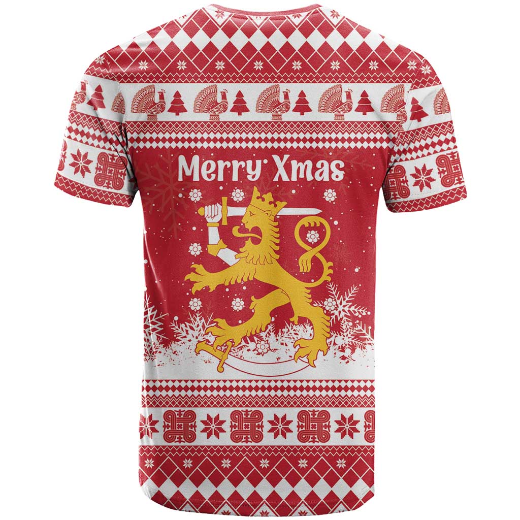 Finland Christmas Hannunvaakuna T Shirt Hyvaa Joulua Nordic Snow Lion Red Version - Wonder Print Shop