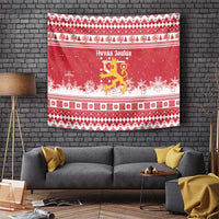 Finland Christmas Hannunvaakuna Tapestry Hyvaa Joulua Nordic Snow Lion Red Version - Wonder Print Shop
