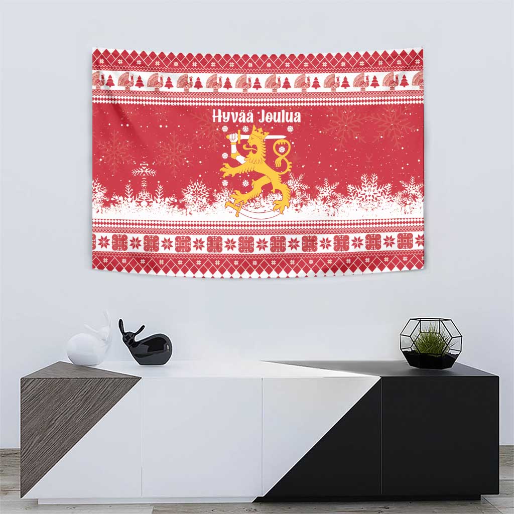 Finland Christmas Hannunvaakuna Tapestry Hyvaa Joulua Nordic Snow Lion Red Version - Wonder Print Shop