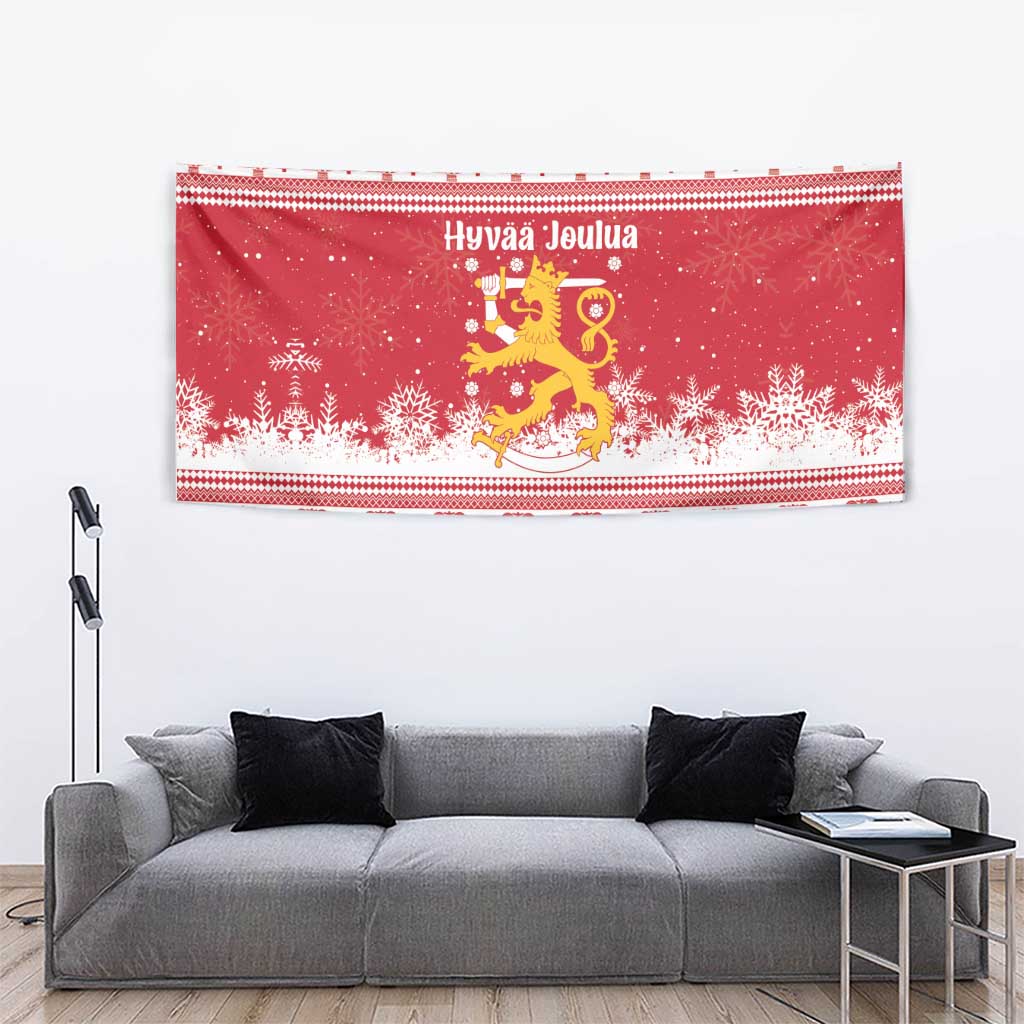 Finland Christmas Hannunvaakuna Tapestry Hyvaa Joulua Nordic Snow Lion Red Version - Wonder Print Shop