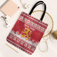Finland Christmas Hannunvaakuna Tote Bag Hyvaa Joulua Nordic Snow Lion Red Version - Wonder Print Shop