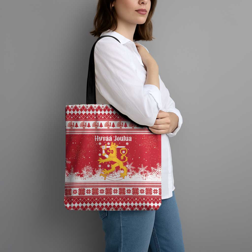 Finland Christmas Hannunvaakuna Tote Bag Hyvaa Joulua Nordic Snow Lion Red Version - Wonder Print Shop