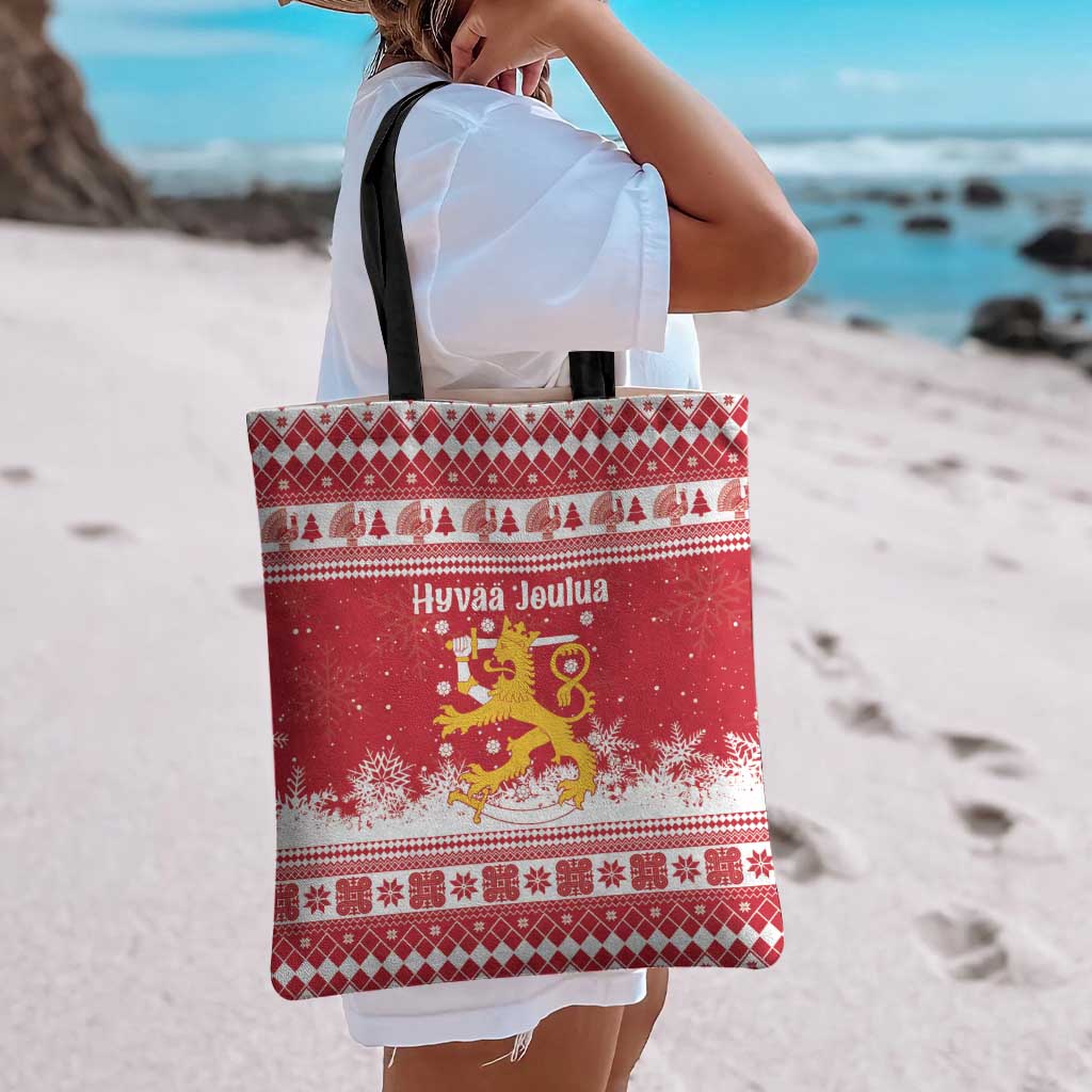 Finland Christmas Hannunvaakuna Tote Bag Hyvaa Joulua Nordic Snow Lion Red Version - Wonder Print Shop