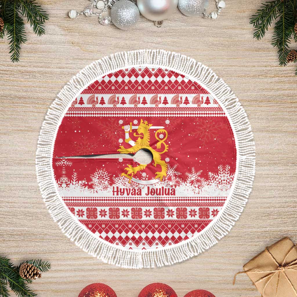 Finland Christmas Hannunvaakuna Tree Skirt Hyvaa Joulua Nordic Snow Lion Red Version - Wonder Print Shop